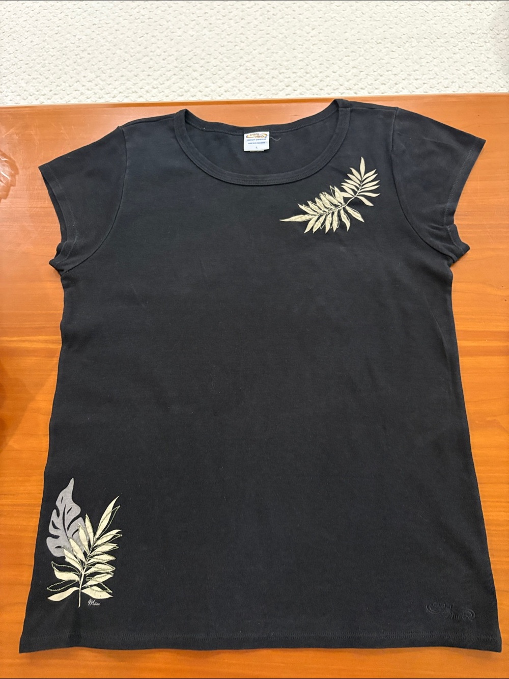Black Short-Sleeve Tee with Leaf Print - and embroidery Women's Top. From Hawaii